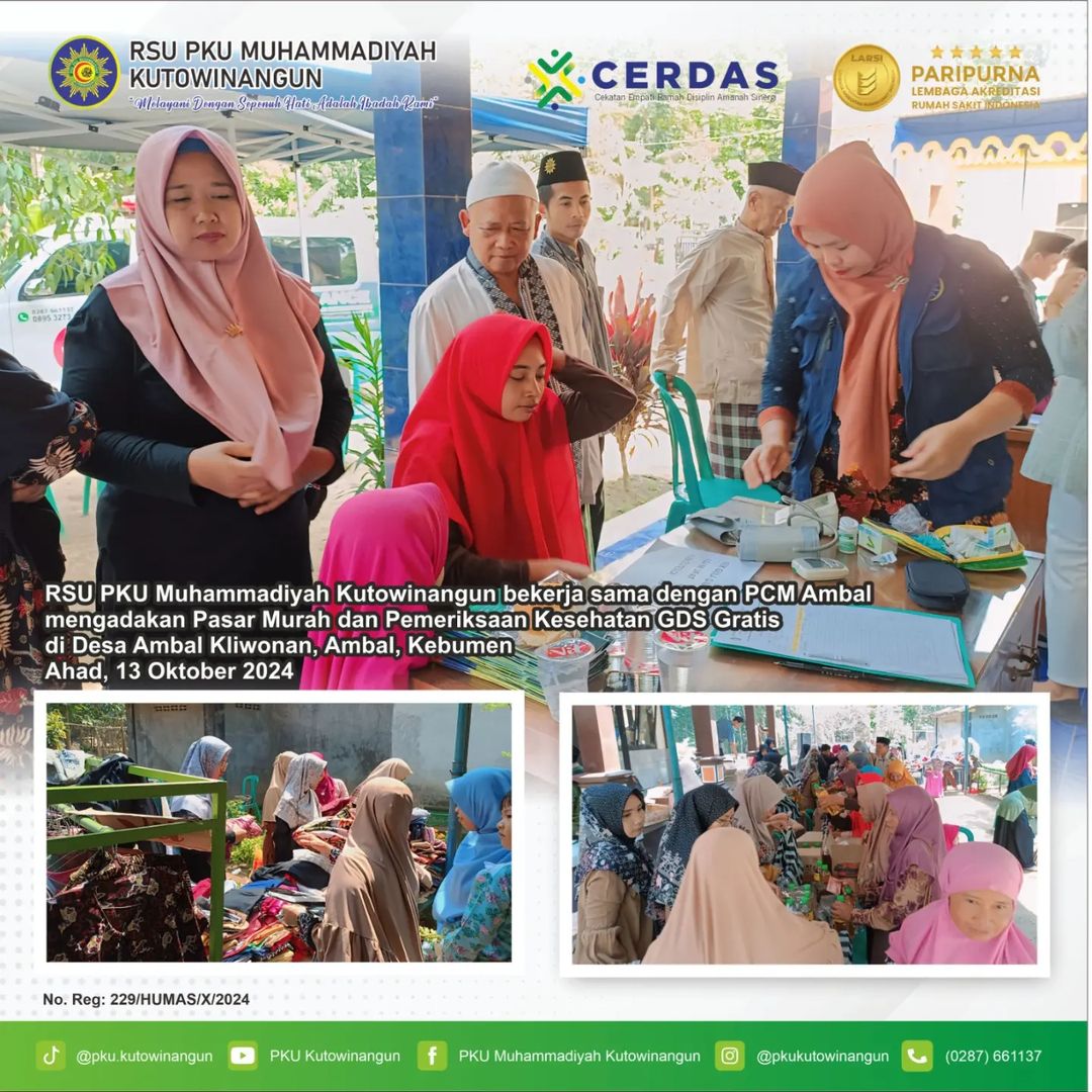 RSU PKU Muhammadiyah Kutowinangun bekerja sama dengan PCM Ambal mengadakan Pasar Murah dan Pemeriksaan Kesehatan GDS secara gratis